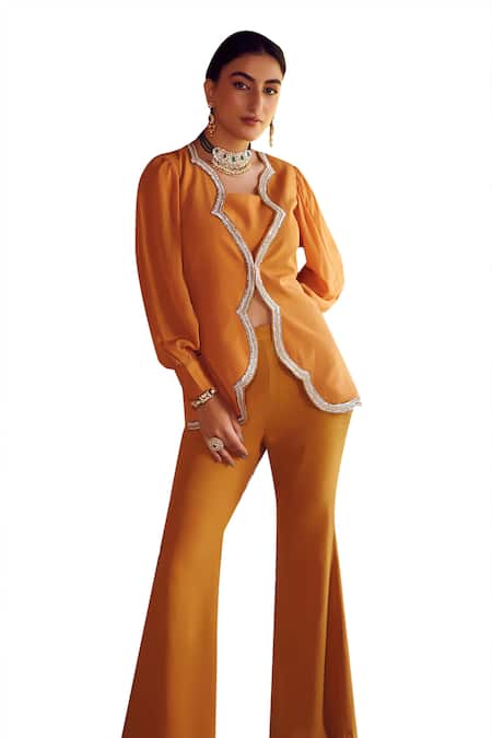 Shop_Ritika Verma_Yellow Georgette, Crepe Cut Work, Amena Embroidered Jacket With Pant Set _Online_at_Aza_Fashions