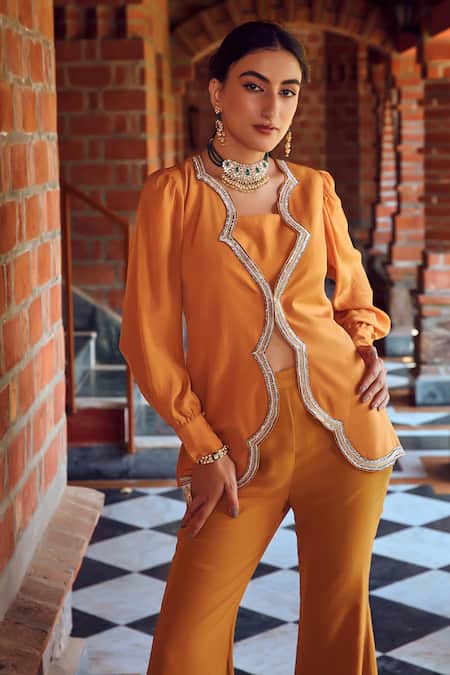 Buy_Ritika Verma_Yellow Georgette, Crepe Cut Work, Amena Embroidered Jacket With Pant Set 