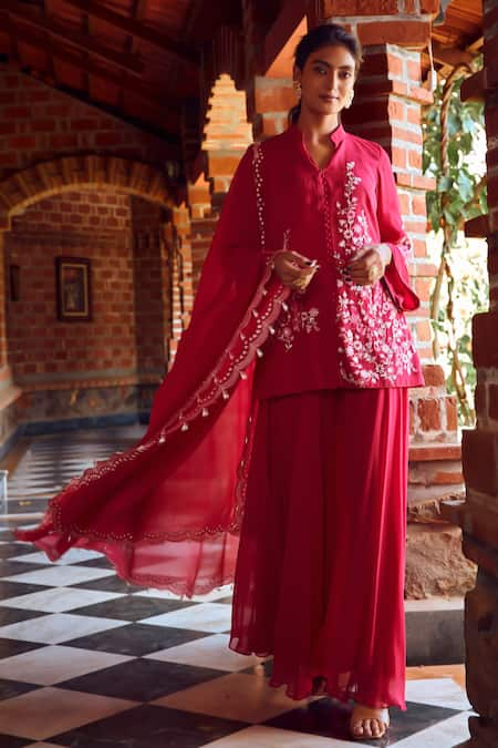 RITIKA VERMA Fuchsia Georgette Embroidered Resham Mandarin Benazir Floral Kurta Sharara Set 