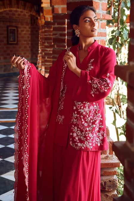 Buy Ritika Verma Fuchsia Georgette, Linen Pearls Benazir Floral Embroidered Kurta Sharara Set Online at Aza Fashions Buy_Ritika Verma_Fuchsia Georgette, Linen Pearls Benazir Floral Embroidered Kurta Sharara Set _Online_at_Aza_Fashions