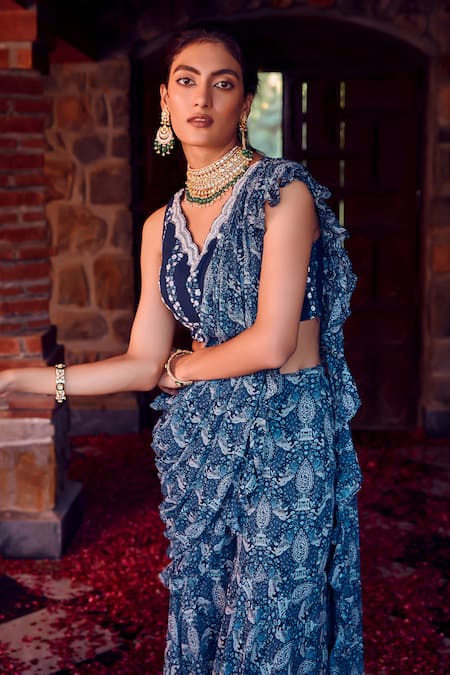 Buy_Ritika Verma_Blue Georgette, Linen Beads, Fakira Bird Print Sharara Saree With Blouse _Online_at_Aza_Fashions