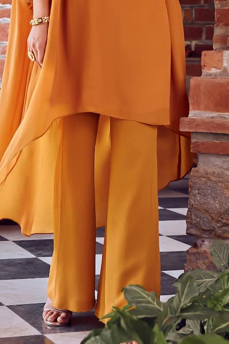 Shop_Ritika Verma_Yellow Kaftan Crepe Embroidered Thread One-shoulder Fiza Floral Pant Set _Online_at_Aza_Fashions