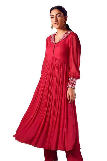 Shop Ritika Verma Fuchsia Georgette Embroidery Collared Gufrana Floral Anarkali With Pant Online at Aza Fashions Shop_Ritika Verma_Fuchsia Georgette Embroidery Collared Gufrana Floral Anarkali With Pant _Online_at_Aza_Fashions