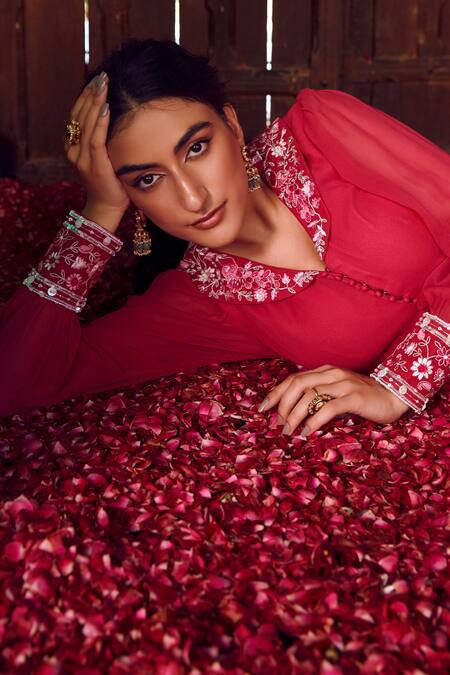 Buy Ritika Verma Fuchsia Georgette Embroidery Collared Gufrana Floral Anarkali With Pant Buy_Ritika Verma_Fuchsia Georgette Embroidery Collared Gufrana Floral Anarkali With Pant