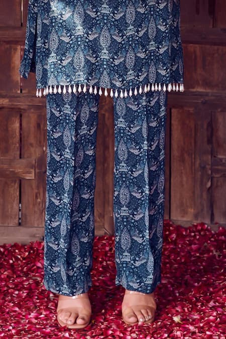 Buy_Ritika Verma_Blue Georgette, Linen Pearls, Sequins Square Inara Bird Print Kurta Pant Set _Online_at_Aza_Fashions