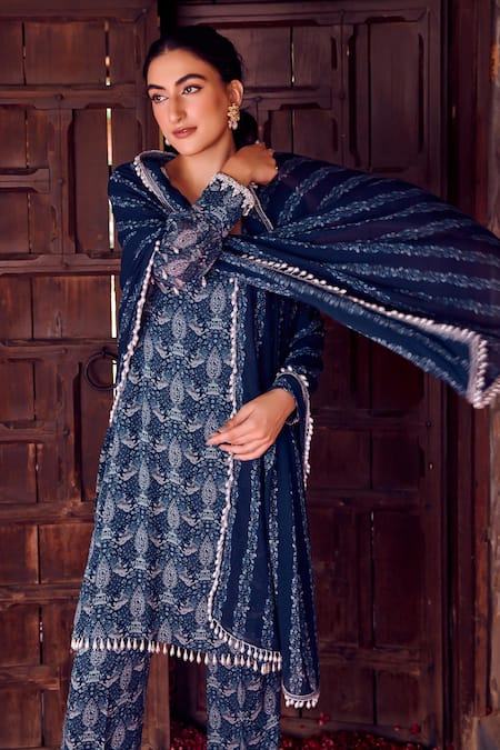 Shop_Ritika Verma_Blue Georgette, Linen Pearls, Sequins Square Inara Bird Print Kurta Pant Set _Online_at_Aza_Fashions