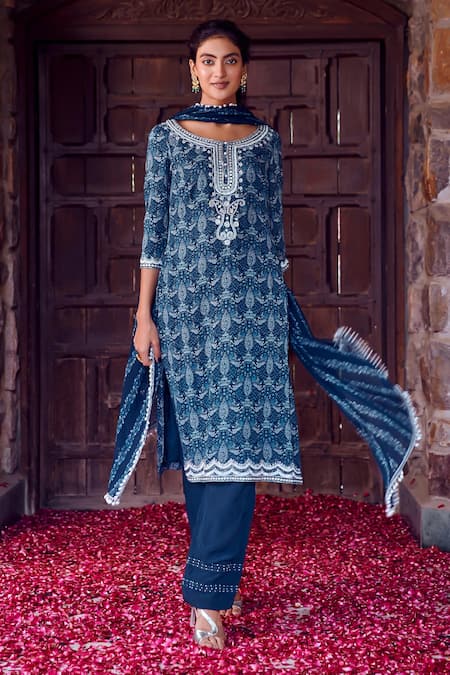 RITIKA VERMA Blue Georgette Embroidered Pearl Drop Round Kalima Print Kurta Pant Set 