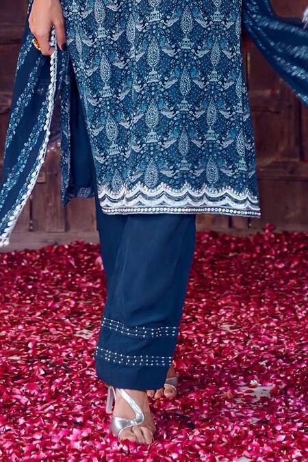 Ritika Verma_Blue Georgette, Linen Pearls, Embroidery, Kalima Print Kurta Pant Set _Online_at_Aza_Fashions