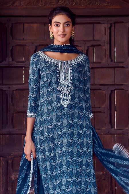 Buy_Ritika Verma_Blue Georgette, Linen Pearls, Embroidery, Kalima Print Kurta Pant Set _Online_at_Aza_Fashions