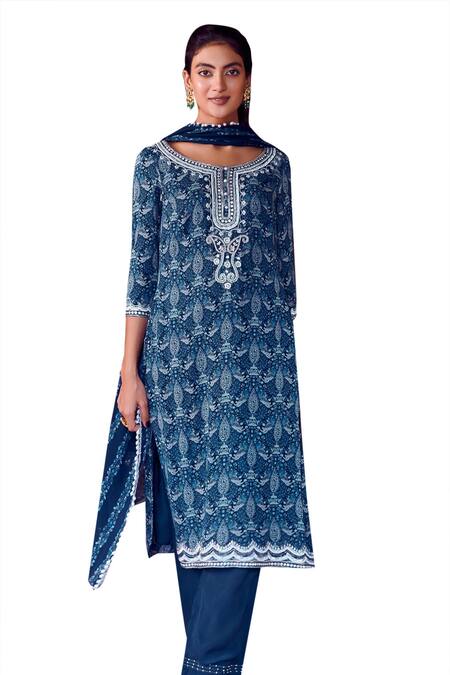 Shop_Ritika Verma_Blue Georgette, Linen Pearls, Embroidery, Kalima Print Kurta Pant Set _Online_at_Aza_Fashions