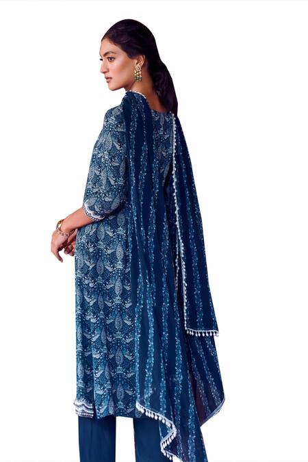 Ritika Verma_Blue Georgette, Linen Pearls, Embroidery, Kalima Print Kurta Pant Set _at_Aza_Fashions