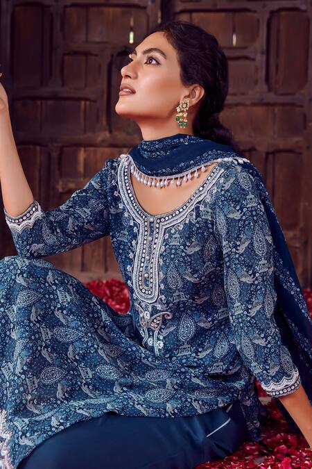 Buy_Ritika Verma_Blue Georgette, Linen Pearls, Embroidery, Kalima Print Kurta Pant Set 