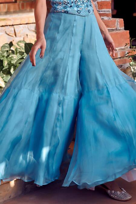 Ritika Verma Blue Georgette, Organza Embroidery V-neck Kareena Floral Top With Sharara Online at Aza Fashions Ritika Verma_Blue Georgette, Organza Embroidery V-neck Kareena Floral Top With Sharara _Online_at_Aza_Fashions