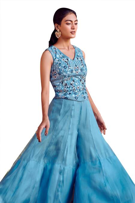 Buy Ritika Verma Blue Georgette, Organza Embroidery V-neck Kareena Floral Top With Sharara Online at Aza Fashions Buy_Ritika Verma_Blue Georgette, Organza Embroidery V-neck Kareena Floral Top With Sharara _Online_at_Aza_Fashions