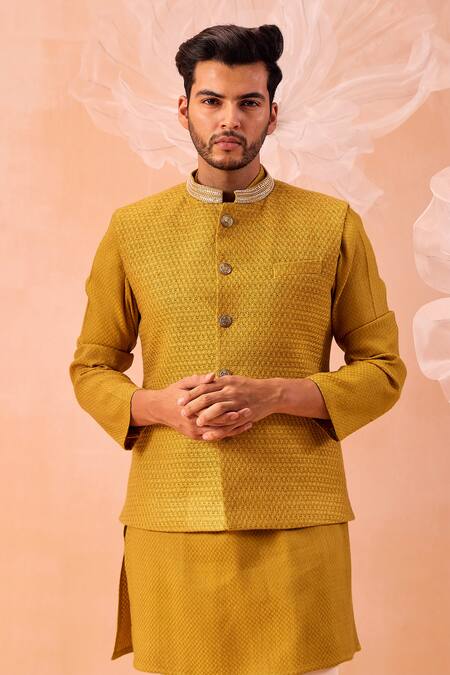 Contrast By Parth_Yellow Silk Pearls, Cut Work Mustard Hand Embroidered Nehru Jacket Set_Online_at_Aza_Fashions