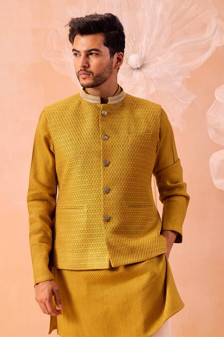 Buy_Contrast By Parth_Yellow Silk Pearls, Cut Work Mustard Hand Embroidered Nehru Jacket Set_Online_at_Aza_Fashions