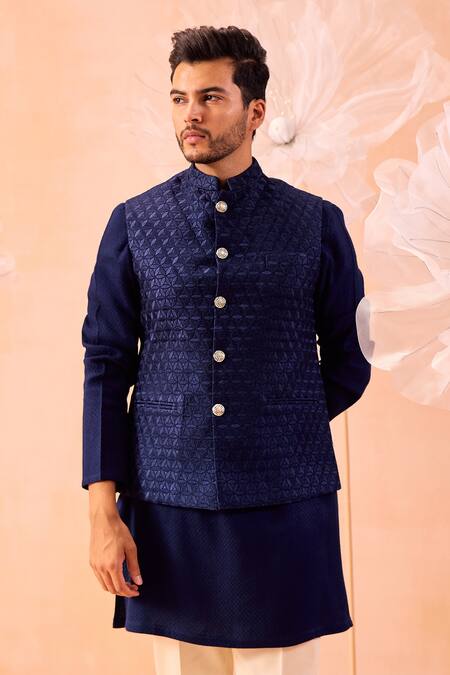 Contrast By Parth_Blue Silk Embroidery Hand Nehru Jacket And Kurta Set _Online_at_Aza_Fashions