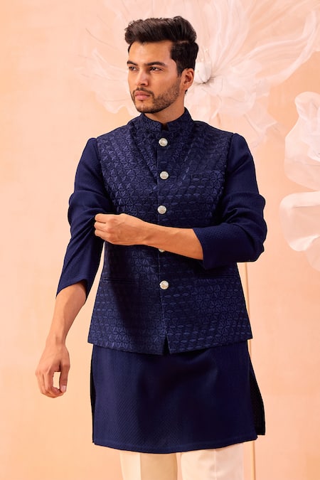 Buy_Contrast By Parth_Blue Silk Embroidery Hand Nehru Jacket And Kurta Set _Online_at_Aza_Fashions