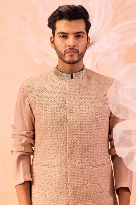 Contrast By Parth_Brown Silk Cut Work Hand Embroidered Nehru Jacket And Kurta Set_Online_at_Aza_Fashions