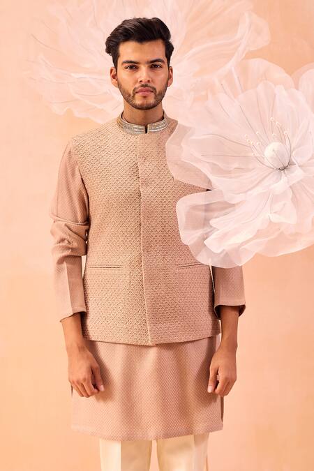 Buy_Contrast By Parth_Brown Silk Cut Work Hand Embroidered Nehru Jacket And Kurta Set_Online_at_Aza_Fashions
