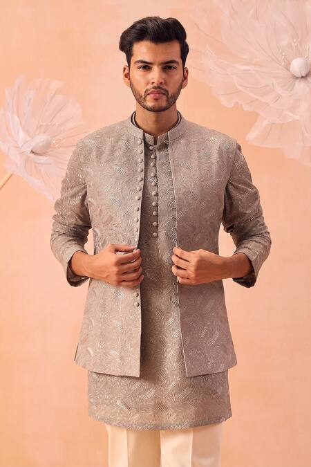 Contrast By Parth_Green Georgette Embroidery Misty Hand Nehru Jacket Set_Online_at_Aza_Fashions