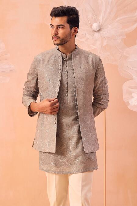 Shop_Contrast By Parth_Green Georgette Embroidery Misty Hand Nehru Jacket Set_Online_at_Aza_Fashions