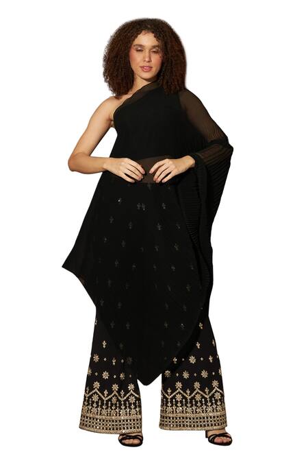 Tasuvure Indes_Black Georgette Zari Avyah Plisse One Shoulder Cape Top With Embroidered Pant_Online_at_Aza_Fashions