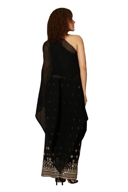 Tasuvure Indes_Black Georgette Zari Avyah Plisse One Shoulder Cape Top With Embroidered Pant_at_Aza_Fashions