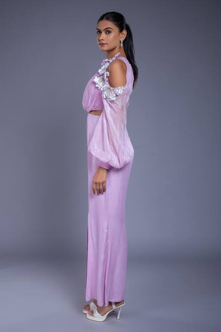 Buy_Ellemora Fashions_Purple Tabby Dull Crepe Patchwork Hand Embroidered Sequins Round Jumpsuit _Online_at_Aza_Fashions