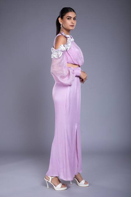 Shop_Ellemora Fashions_Purple Tabby Dull Crepe Patchwork Hand Embroidered Sequins Round Jumpsuit _Online_at_Aza_Fashions