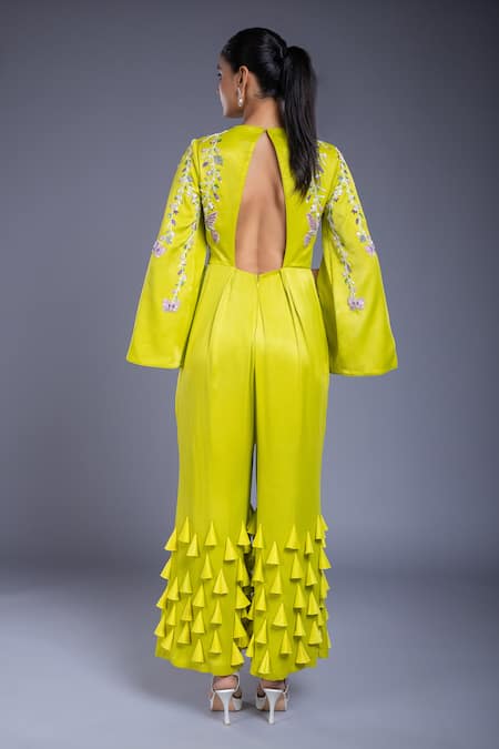 Ellemora Fashions Green Dull Crepe Hand Embroidered Sequins Round Jumpsuit Online at Aza Fashions Ellemora Fashions_Green Dull Crepe Hand Embroidered Sequins Round Jumpsuit _Online_at_Aza_Fashions