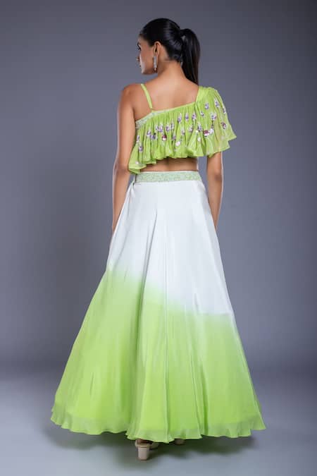 Ellemora Fashions Green Crepe, Silk Sequins, Cut Work, Hand Embroidered Blouse And Lehenga Set Online at Aza Fashions Ellemora Fashions_Green Crepe, Silk Sequins, Cut Work, Hand Embroidered Blouse And Lehenga Set _Online_at_Aza_Fashions