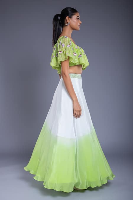 Shop Ellemora Fashions Green Crepe, Silk Sequins, Cut Work, Hand Embroidered Blouse And Lehenga Set Online at Aza Fashions Shop_Ellemora Fashions_Green Crepe, Silk Sequins, Cut Work, Hand Embroidered Blouse And Lehenga Set _Online_at_Aza_Fashions