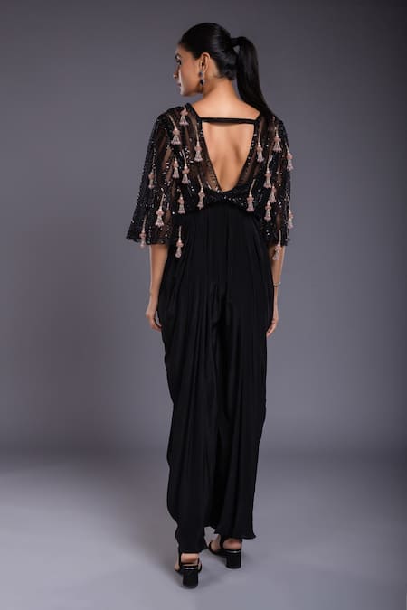 Ellemora Fashions Black Crepe Hand Embroidered Cutdana Cowl Neck Draped Dress Online at Aza Fashions Ellemora Fashions_Black Crepe Hand Embroidered Cutdana Cowl Neck Draped Dress _Online_at_Aza_Fashions