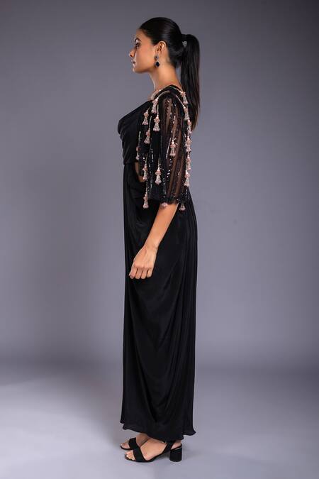 Buy Ellemora Fashions Black Crepe Hand Embroidered Cutdana Cowl Neck Draped Dress Online at Aza Fashions Buy_Ellemora Fashions_Black Crepe Hand Embroidered Cutdana Cowl Neck Draped Dress _Online_at_Aza_Fashions