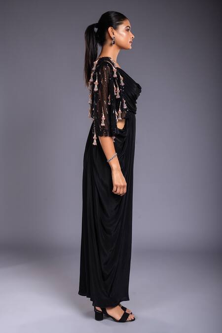Shop Ellemora Fashions Black Crepe Hand Embroidered Cutdana Cowl Neck Draped Dress Online at Aza Fashions Shop_Ellemora Fashions_Black Crepe Hand Embroidered Cutdana Cowl Neck Draped Dress _Online_at_Aza_Fashions