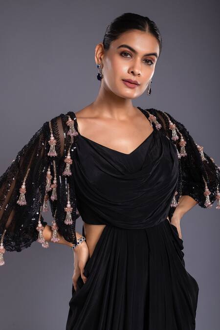 Ellemora Fashions Black Crepe Hand Embroidered Cutdana Cowl Neck Draped Dress at Aza Fashions Ellemora Fashions_Black Crepe Hand Embroidered Cutdana Cowl Neck Draped Dress _at_Aza_Fashions