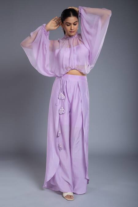 Buy_Ellemora Fashions_Purple Tabby Hand Embroidered Sequins High Bishop Sleeve Kaftan And Palazzo Set _Online_at_Aza_Fashions