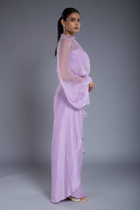 Ellemora Fashions_Purple Tabby Hand Embroidered Sequins High Bishop Sleeve Kaftan And Palazzo Set _at_Aza_Fashions