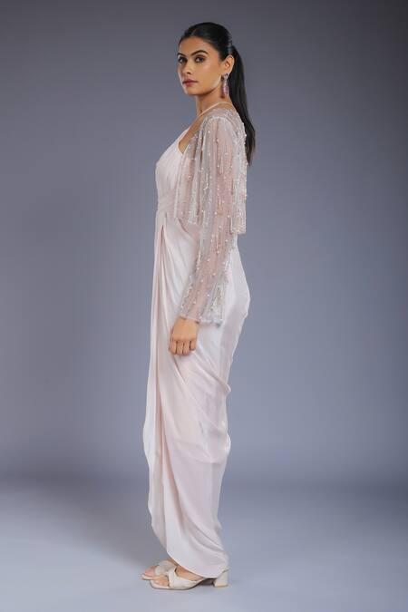 Buy_Ellemora Fashions_Pink Crepe Solid Halter Pleated Draped Dress _Online_at_Aza_Fashions