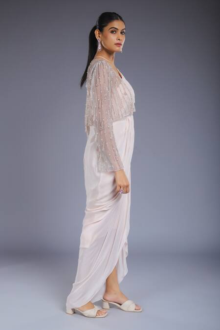 Shop_Ellemora Fashions_Pink Crepe Solid Halter Pleated Draped Dress _Online_at_Aza_Fashions