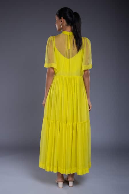 Ellemora Fashions Green Crepe High Neck Solid Flared Dress With Inner Online at Aza Fashions Ellemora Fashions_Green Crepe High Neck Solid Flared Dress With Inner _Online_at_Aza_Fashions