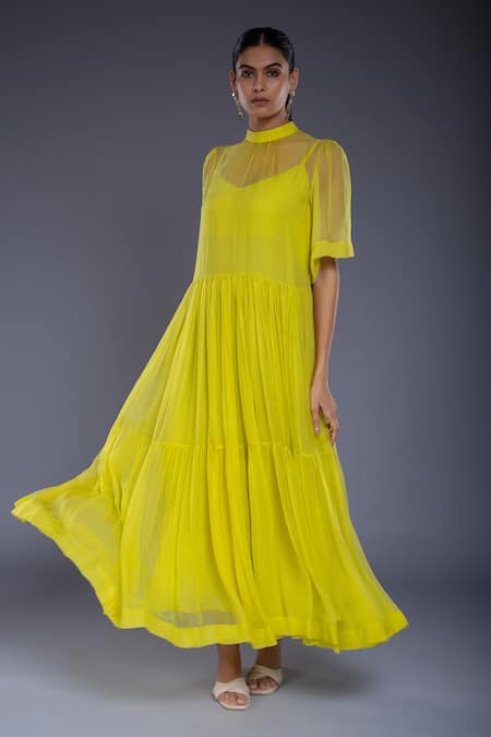 Buy Ellemora Fashions Green Crepe High Neck Solid Flared Dress With Inner Online at Aza Fashions Buy_Ellemora Fashions_Green Crepe High Neck Solid Flared Dress With Inner _Online_at_Aza_Fashions