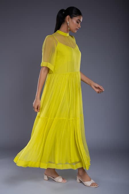 Ellemora Fashions Green Crepe High Neck Solid Flared Dress With Inner at Aza Fashions Ellemora Fashions_Green Crepe High Neck Solid Flared Dress With Inner _at_Aza_Fashions