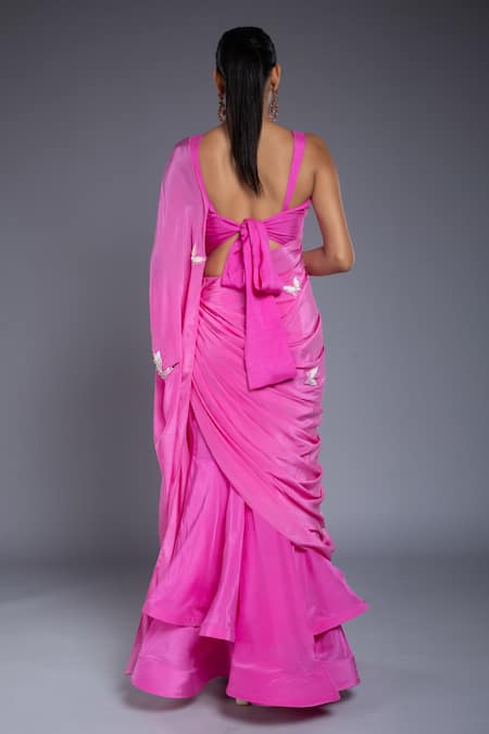 Ellemora Fashions Pink Crepe Sequins, Cut Work Square Neck Hand Embroidered Saree With Blouse Online at Aza Fashions Ellemora Fashions_Pink Crepe Sequins, Cut Work Square Neck Hand Embroidered Saree With Blouse _Online_at_Aza_Fashions