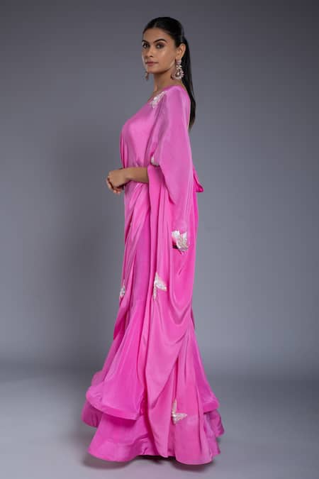 Buy Ellemora Fashions Pink Crepe Sequins, Cut Work Square Neck Hand Embroidered Saree With Blouse Online at Aza Fashions Buy_Ellemora Fashions_Pink Crepe Sequins, Cut Work Square Neck Hand Embroidered Saree With Blouse _Online_at_Aza_Fashions