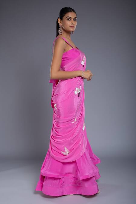 Shop Ellemora Fashions Pink Crepe Sequins, Cut Work Square Neck Hand Embroidered Saree With Blouse Online at Aza Fashions Shop_Ellemora Fashions_Pink Crepe Sequins, Cut Work Square Neck Hand Embroidered Saree With Blouse _Online_at_Aza_Fashions