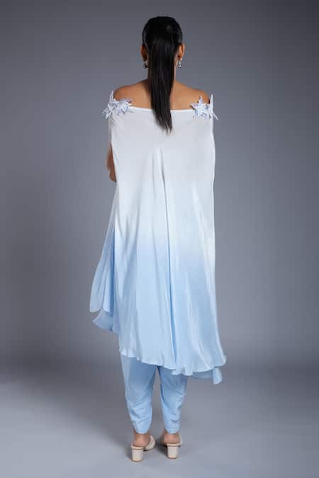 Ellemora Fashions Blue Crepe Patchwork Hand Embroidered Floral Off Kaftan And Tulip Pant Set Online at Aza Fashions Ellemora Fashions_Blue Crepe Patchwork Hand Embroidered Floral Off Kaftan And Tulip Pant Set _Online_at_Aza_Fashions