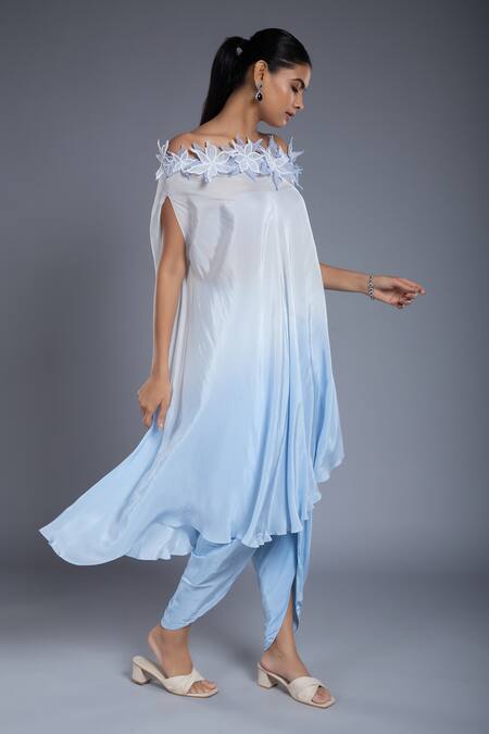 Buy Ellemora Fashions Blue Crepe Patchwork Hand Embroidered Floral Off Kaftan And Tulip Pant Set Online at Aza Fashions Buy_Ellemora Fashions_Blue Crepe Patchwork Hand Embroidered Floral Off Kaftan And Tulip Pant Set _Online_at_Aza_Fashions