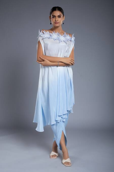 Shop Ellemora Fashions Blue Crepe Patchwork Hand Embroidered Floral Off Kaftan And Tulip Pant Set Online at Aza Fashions Shop_Ellemora Fashions_Blue Crepe Patchwork Hand Embroidered Floral Off Kaftan And Tulip Pant Set _Online_at_Aza_Fashions